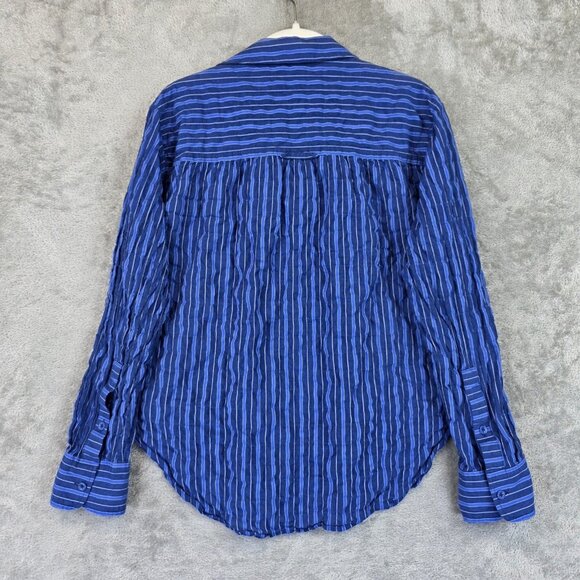 Margaret O'Leary Shirt Womens Medium Blue Striped Crinkle Button Front Top - Picture 9 of 9